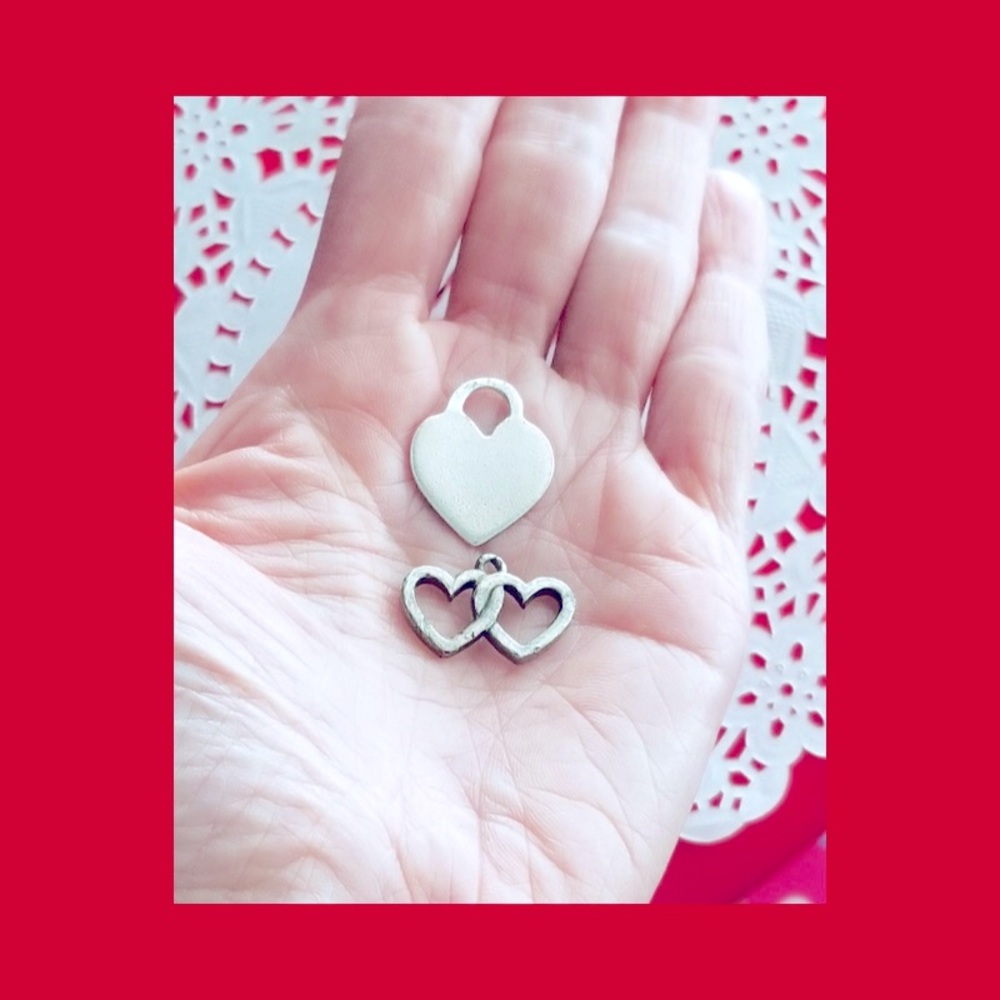Vintage Silver Tone Metal Heart Charm Pendants Lot of 2